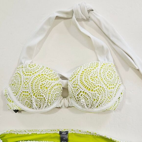 Aerie Emma Crochet Lace Overlay Push-Up Halter Padded Bikini Swimsuit Set 32B - Picture 12 of 12
